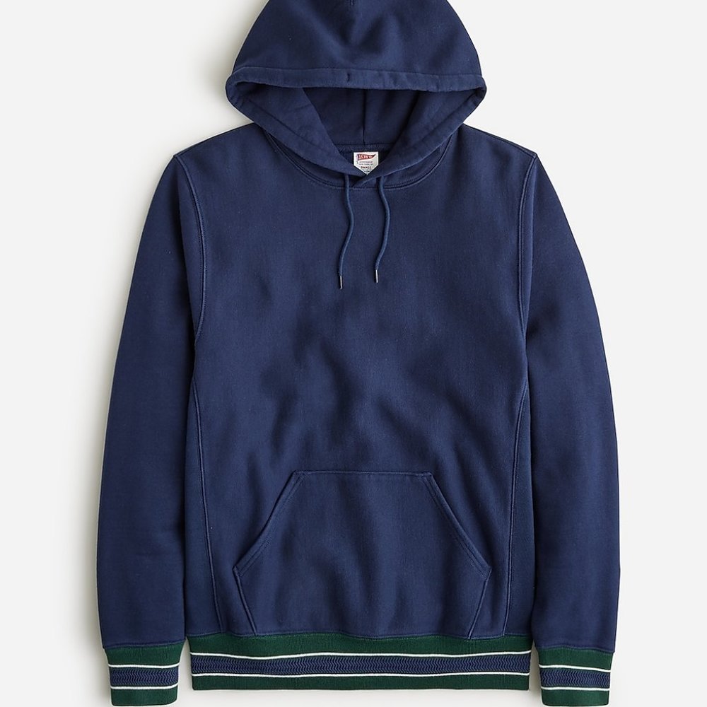 J Crew  14 oz. Fleece Hoodie with Jacquard Navy Green Combo - XLT